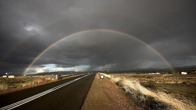 Double rainbow desert road dark #2 free wallpaper for desktop - medium preview image