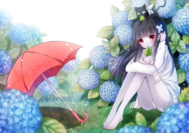 Girl sitting umbrella cat head free wallpaper for desktop - medium preview image
