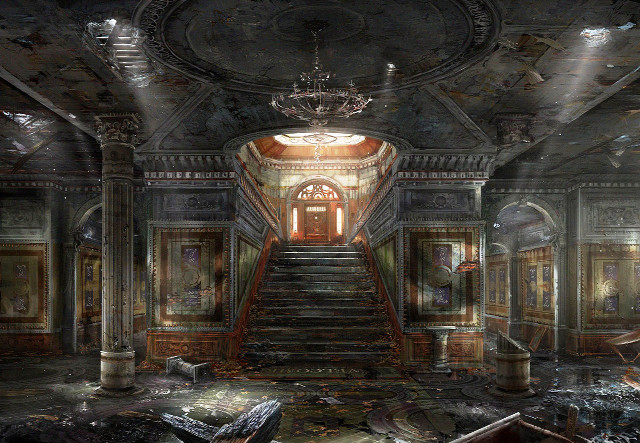 Staircase chandelier building ceiling painting free wallpaper for desktop - medium preview image