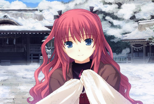 Pink haired girl snowy cityscape free wallpaper for desktop - medium preview image