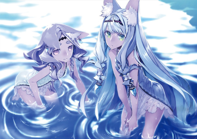 Anime girls water long hair free wallpaper for desktop - medium preview image