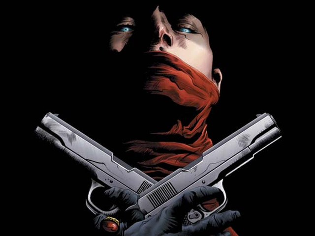 Woman gun red scarf face free wallpaper for desktop - medium preview image