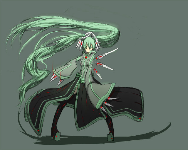 Woman green hair swords dress free wallpaper for desktop - medium preview image