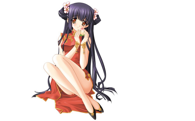 Woman red dress sitting anime free wallpaper for desktop - medium preview image