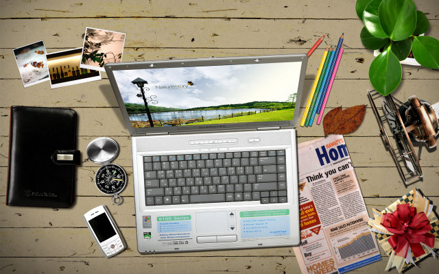 Laptop wooden table phone items free wallpaper for desktop - medium preview image