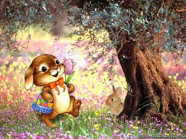 Rabbit holding flowers field trees free wallpaper for desktop - medium preview image