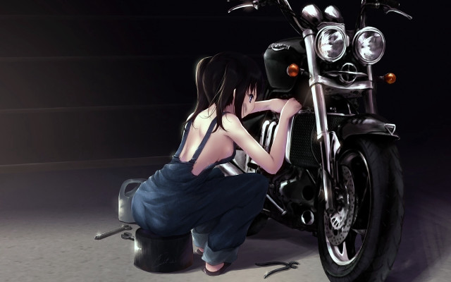 Woman kneeling motorcycle dark helmet free wallpaper for desktop - medium preview image
