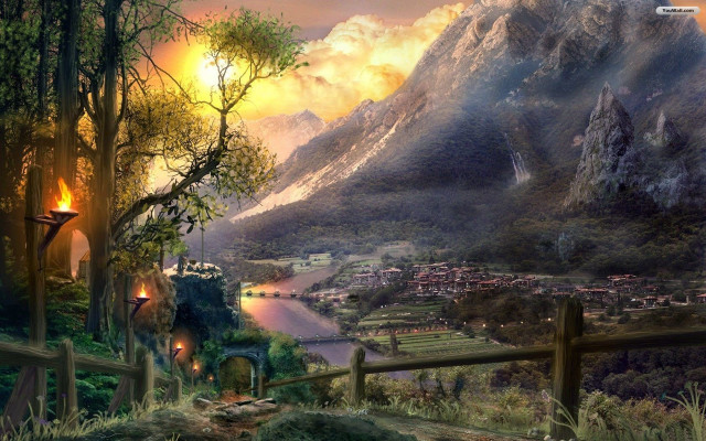 Mountain landscape river village distance free wallpaper for desktop - medium preview image