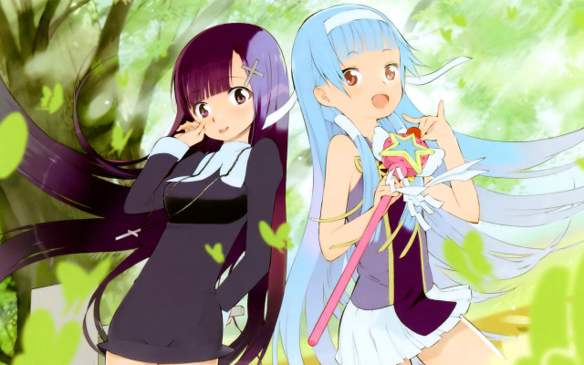 Anime girls forest trees leaves free wallpaper for desktop - medium preview image