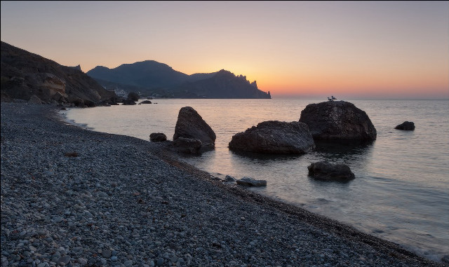Beach rocks bird sunset mountains free wallpaper for desktop - medium preview image