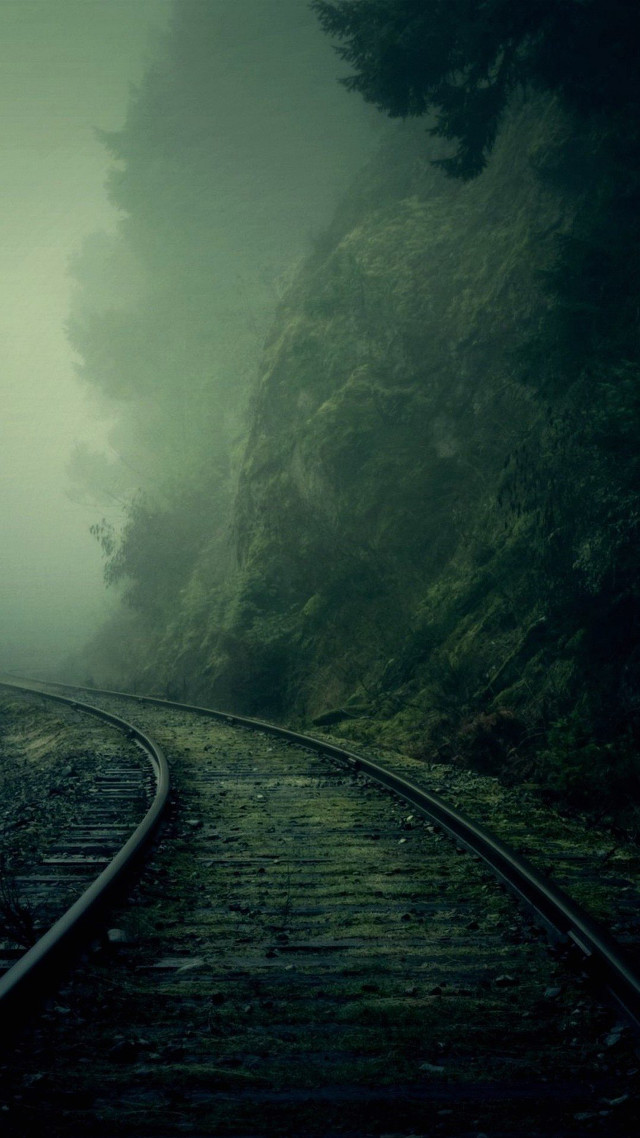 Train track foggy mountain trees free wallpaper for mobile - medium preview image