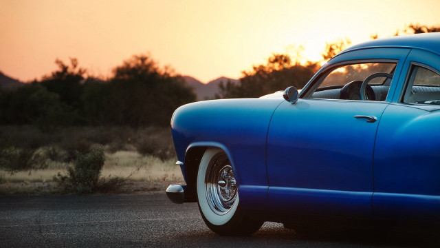 Blue car parked sunset dawn free wallpaper for desktop - medium preview image