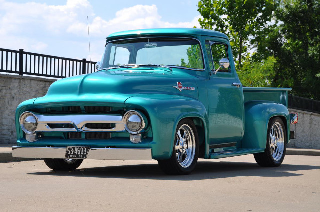 Blue truck road fence trees free wallpaper for desktop - medium preview image