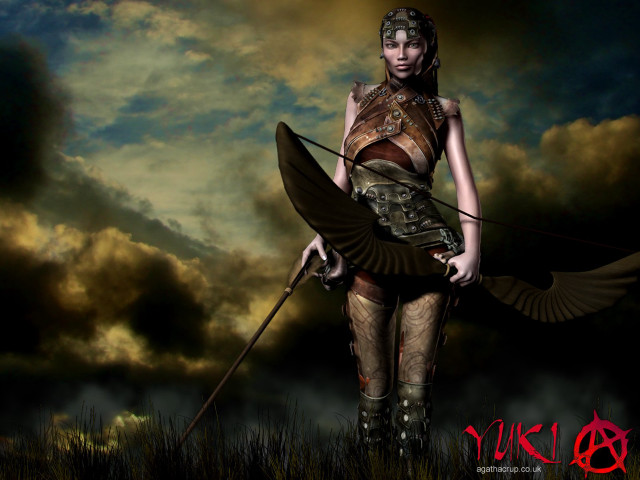 Woman costume sword bird field free wallpaper for desktop - medium preview image