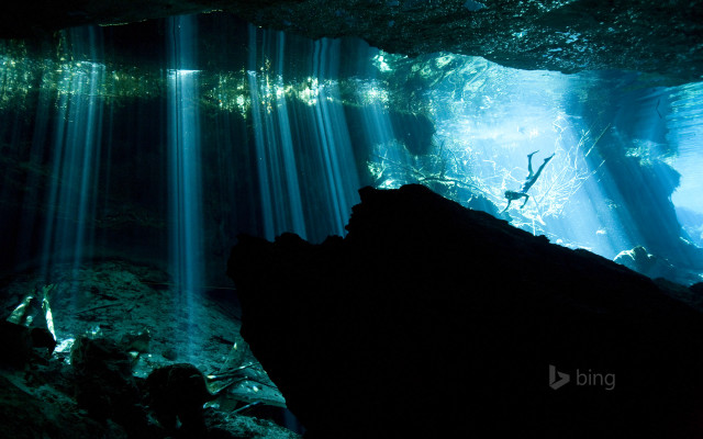 Cave waterfall person swimming sunlight free wallpaper for desktop - medium preview image