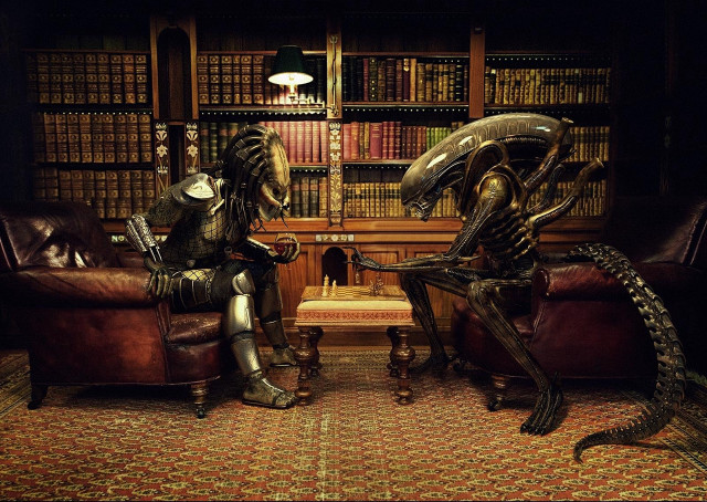 Alien statues library reading coffee free wallpaper for desktop - medium preview image