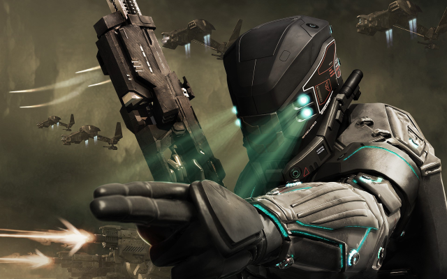 Futuristic man suit gun weapons free wallpaper for desktop - medium preview image
