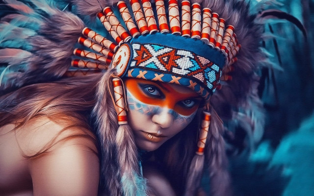 Woman feather headdress feathers head free wallpaper for desktop - medium preview image