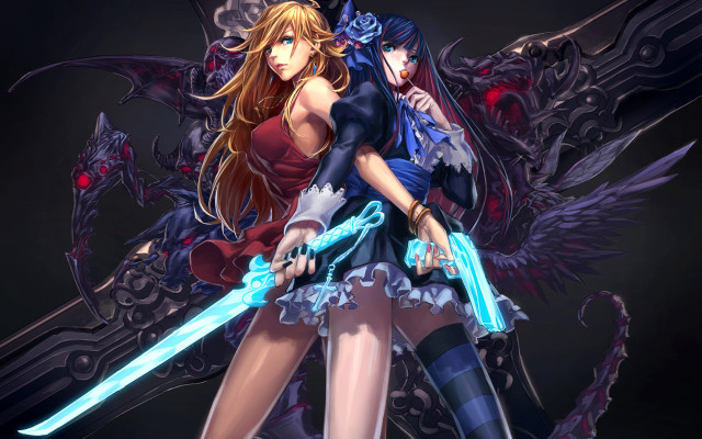 Anime characters swords wings couple free wallpaper for desktop - medium preview image