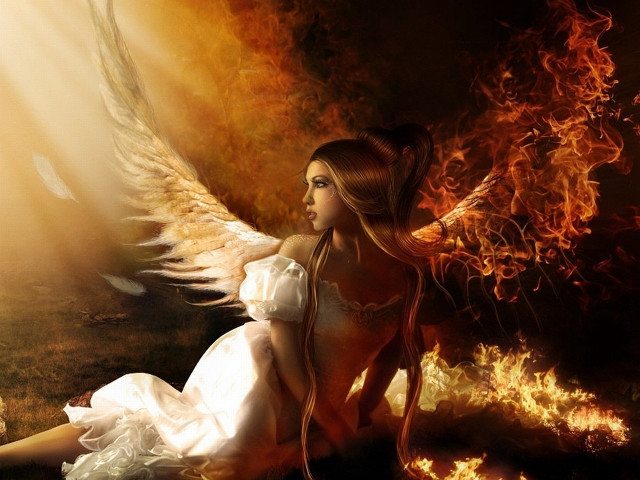 Woman wings sitting fire flames free wallpaper for desktop - medium preview image