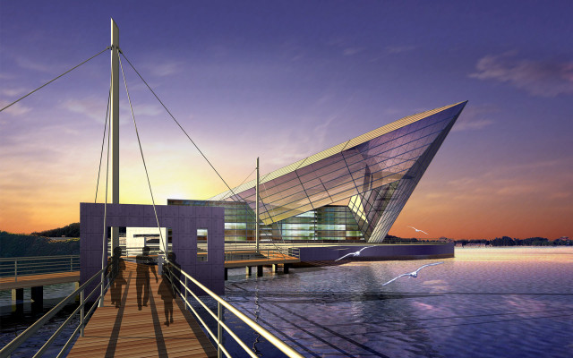 Bridge building sunset bird water free wallpaper for desktop - medium preview image