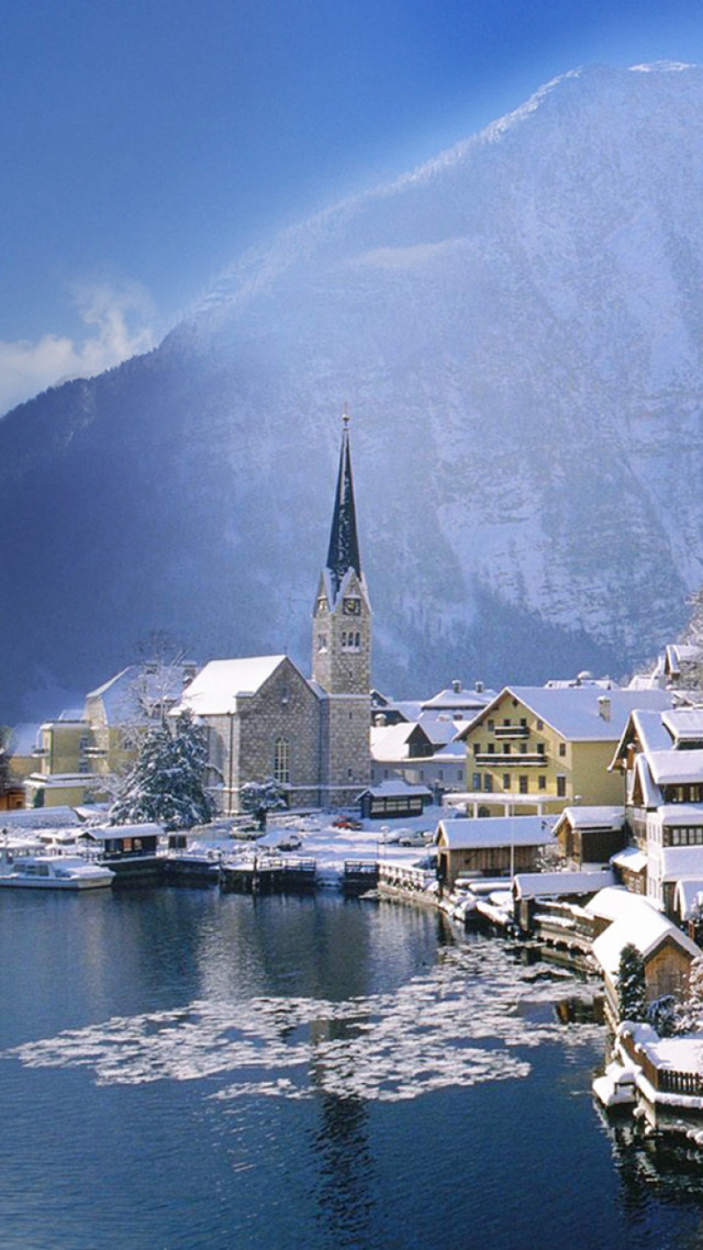 Snowy town church hill water free wallpaper for mobile - medium preview image