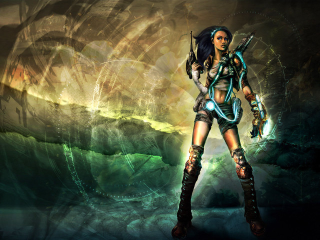 Woman sword painting landscape waves free wallpaper for desktop - medium preview image