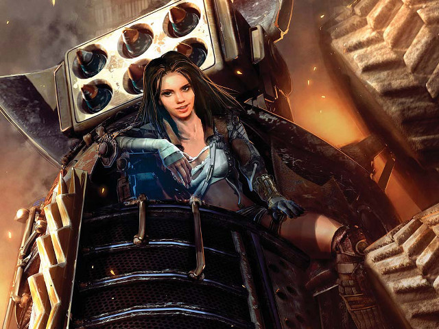 Futuristic woman suit gun machine free wallpaper for desktop - medium preview image