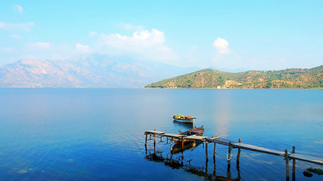 Boat pier lake mountains blue free wallpaper for desktop - medium preview image