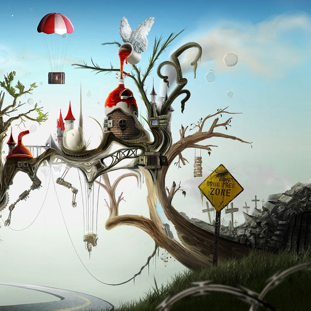 Surreal tree house bird red free wallpaper for tablet - medium preview image