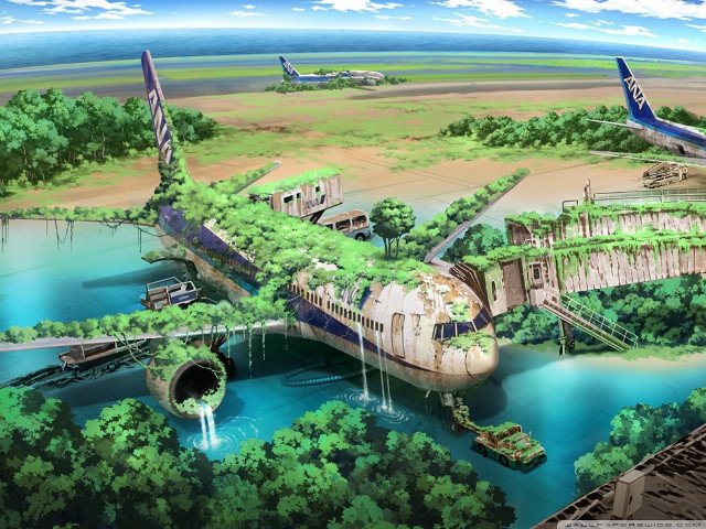 Futuristic city bridge river plane free wallpaper for desktop - medium preview image