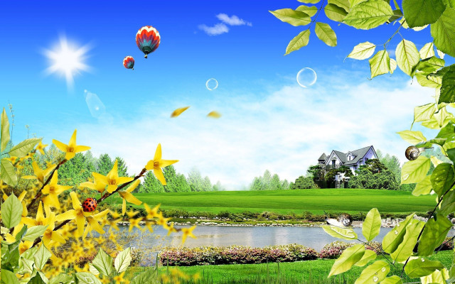House pond hot air balloon #2 free wallpaper for desktop - medium preview image
