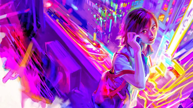 Woman talking cell phone neon free wallpaper for desktop - medium preview image