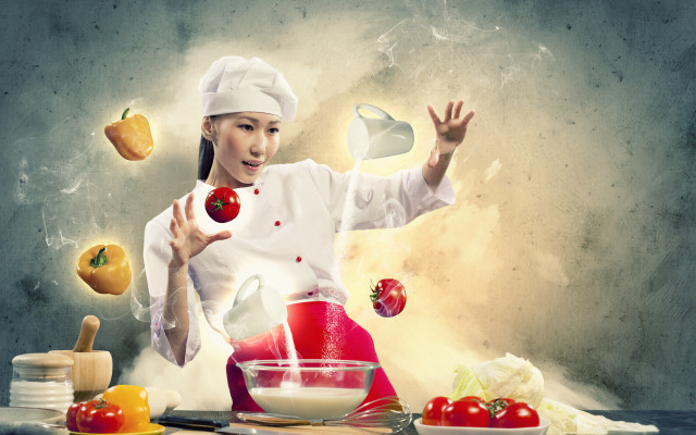 Woman chef outfit ingredients utensils free wallpaper for desktop - medium preview image