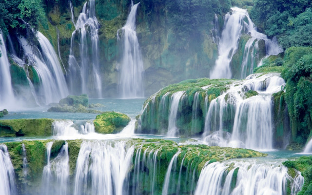 Waterfall green vegetation forest mountain free wallpaper for desktop - medium preview image