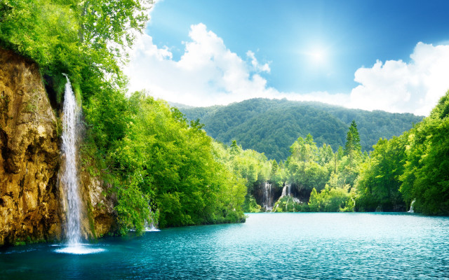 Waterfall lake trees mountains background #4 free wallpaper for desktop - medium preview image