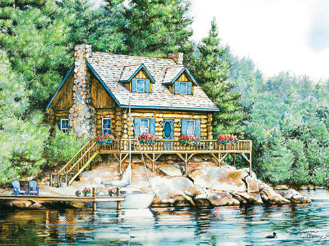 Log cabin lake dock boat free wallpaper for desktop - medium preview image
