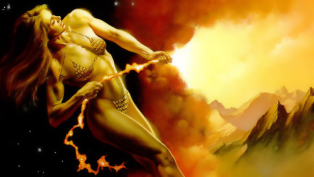 Woman sword mountain yellow sky free wallpaper for desktop - medium preview image