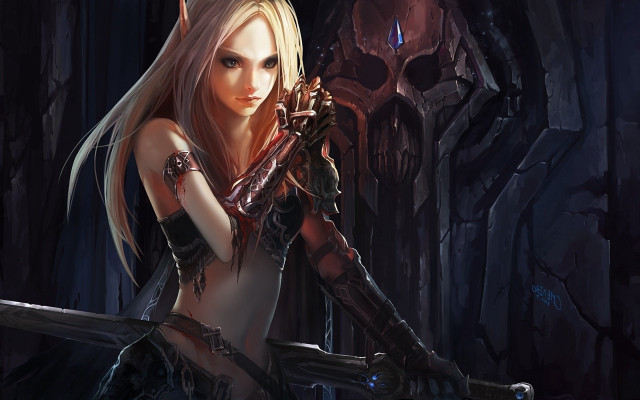 Woman sword cave demon back free wallpaper for desktop - medium preview image