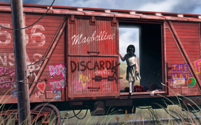 Person standing train graffiti sky free wallpaper for desktop - medium preview image