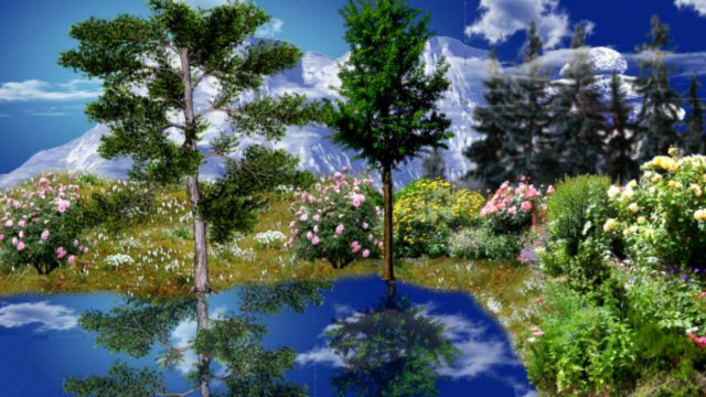 Pond trees flowers mountain clouds free wallpaper for desktop - medium preview image