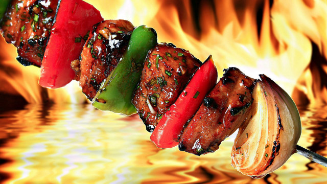Skewer meat vegetables fire water free wallpaper for desktop - medium preview image