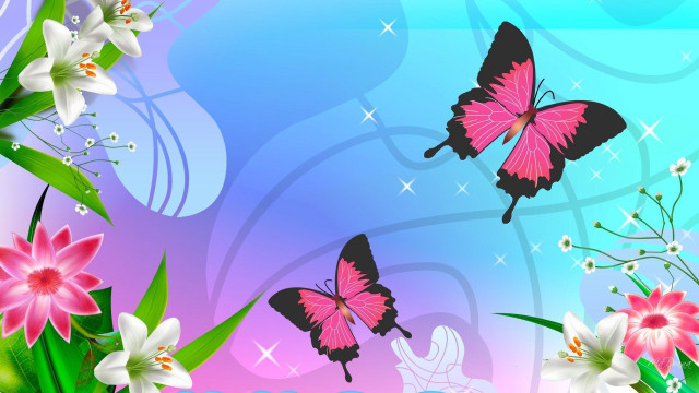 Butterfly flowers blue background glowing free wallpaper for desktop - medium preview image