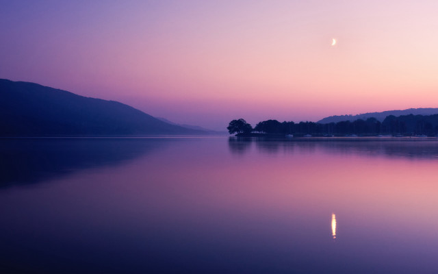 Lake tree hill sunset halfmoon free wallpaper for desktop - medium preview image