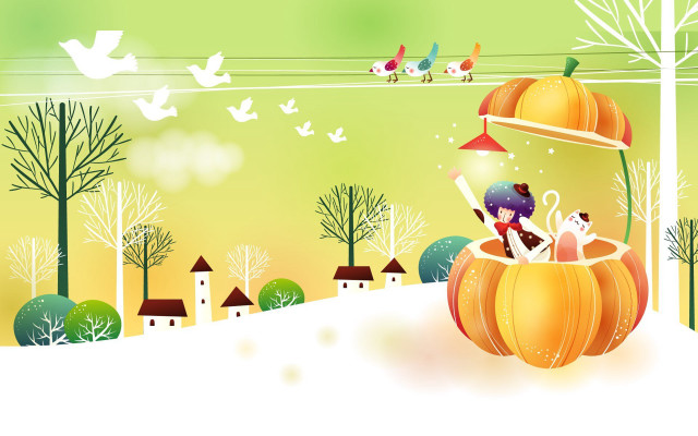 Cartoon girl pumpkin basket birds free wallpaper for desktop - medium preview image