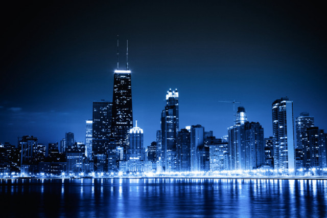 City skyline night blue light free wallpaper for desktop - medium preview image