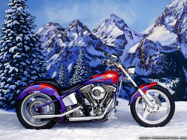 Motorcycle parked snow mountain scene free wallpaper for desktop - medium preview image