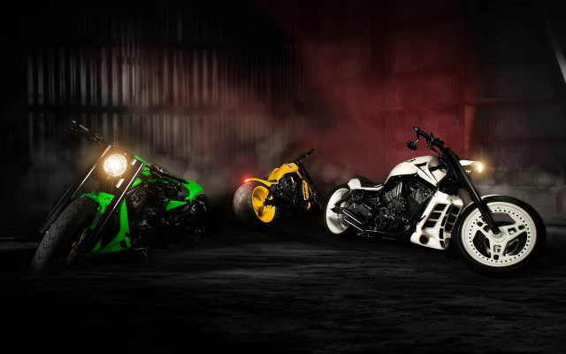 Motorcycles parked garage smoke back free wallpaper for desktop - medium preview image