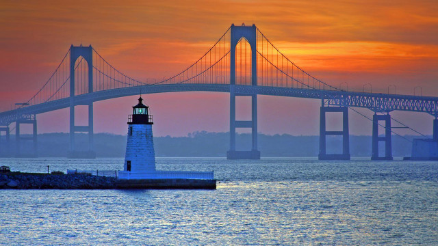 Lighthouse bridge sunset red sky free wallpaper for desktop - medium preview image