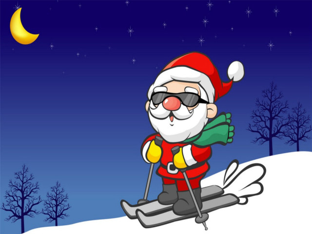 Cartoon santa skiing fullmoon night free wallpaper for desktop - medium preview image